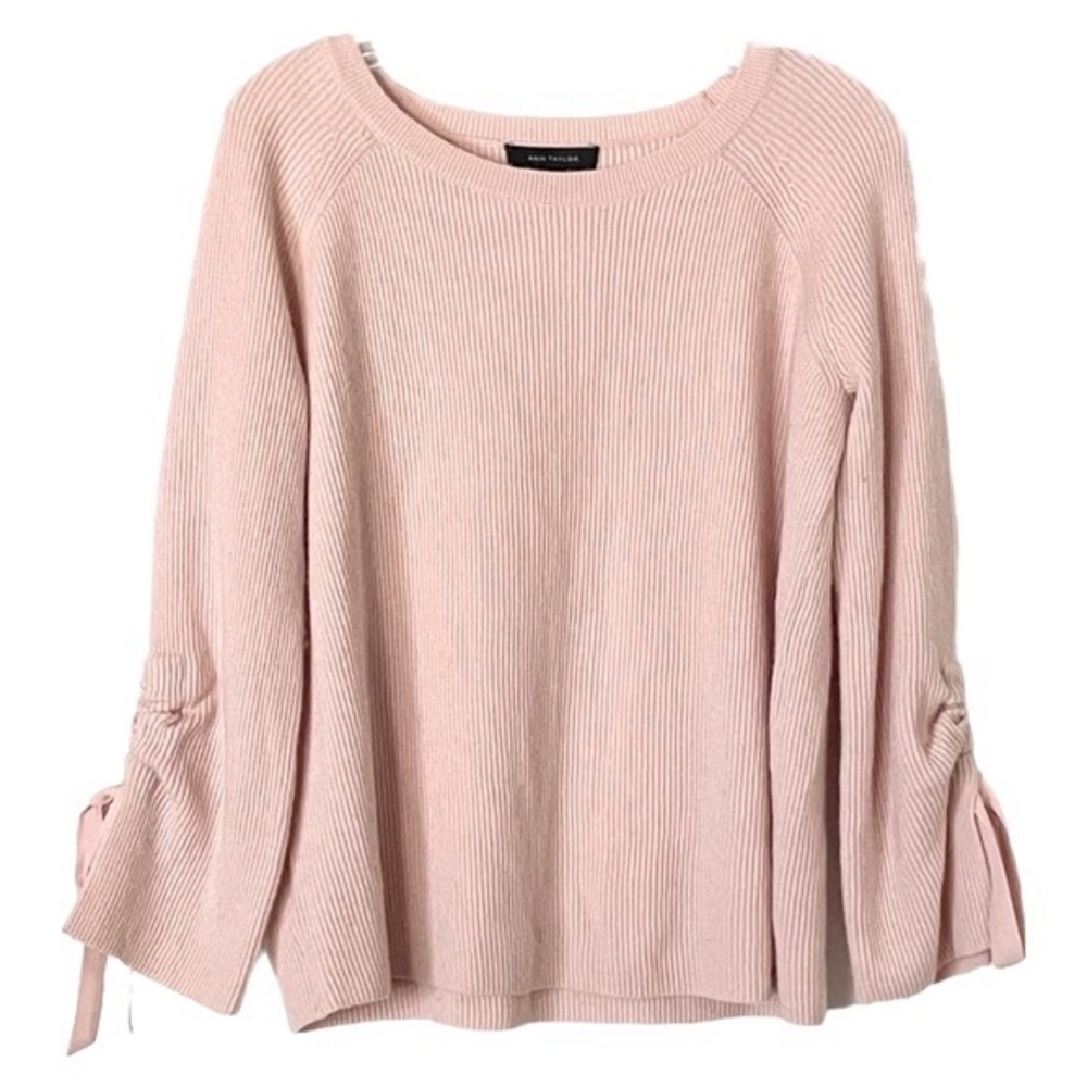 Ann Taylor Wool Blend Ribbon Tie Sleeve Cozy Ribbed Knit Sweater In Peach Blush